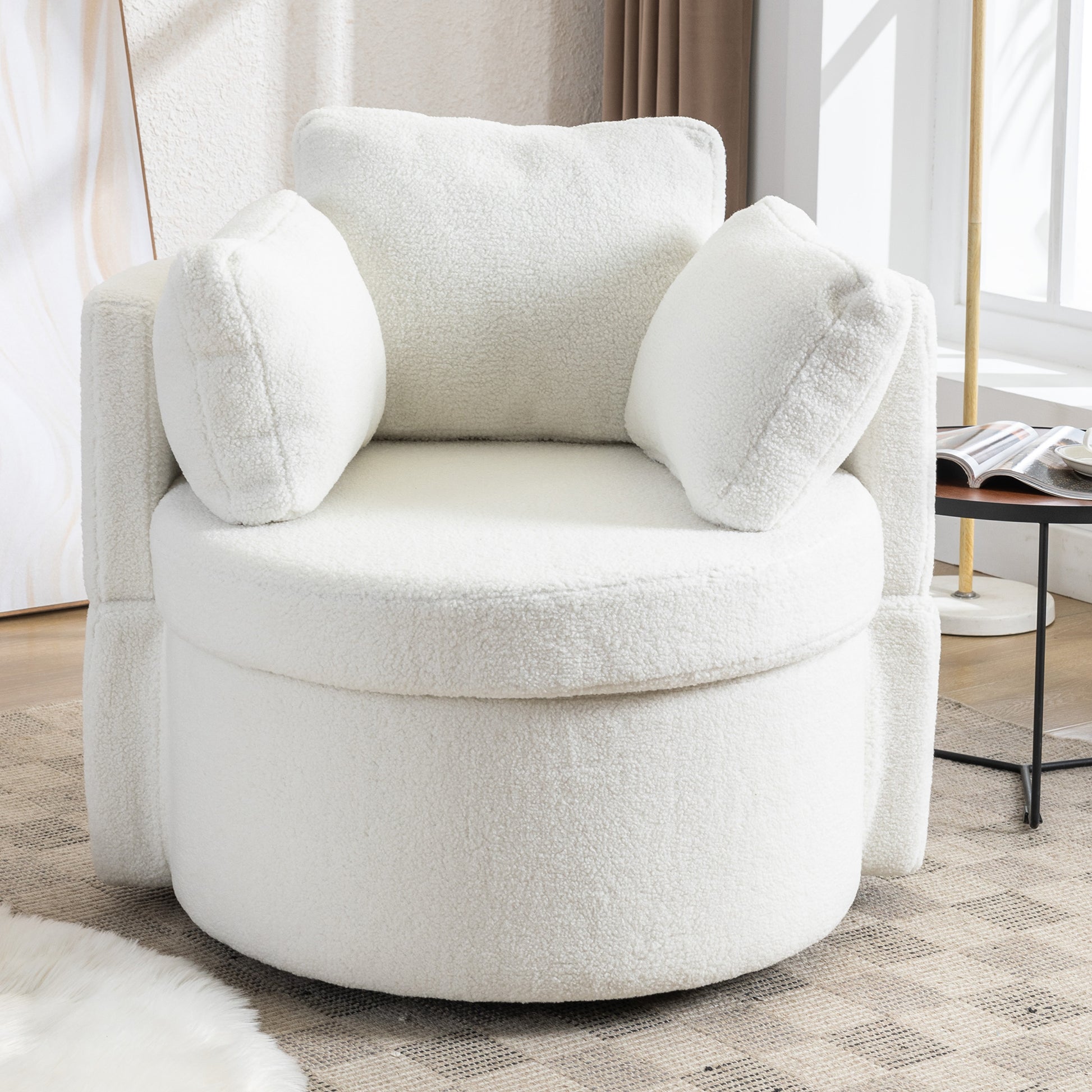 Modern Teddy Fabric Swivel and Storage Lounge Chair with Pillow Set- Ivory_1