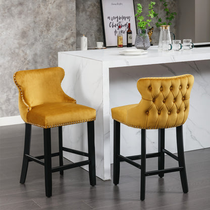 2pcs Chrome Accent Wingback Bar Stools Tufted Velvet with Nailhead and Black Legs- Gold, Black_14