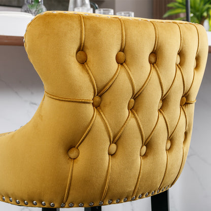 2pcs Chrome Accent Wingback Bar Stools Tufted Velvet with Nailhead and Black Legs- Gold, Black_9