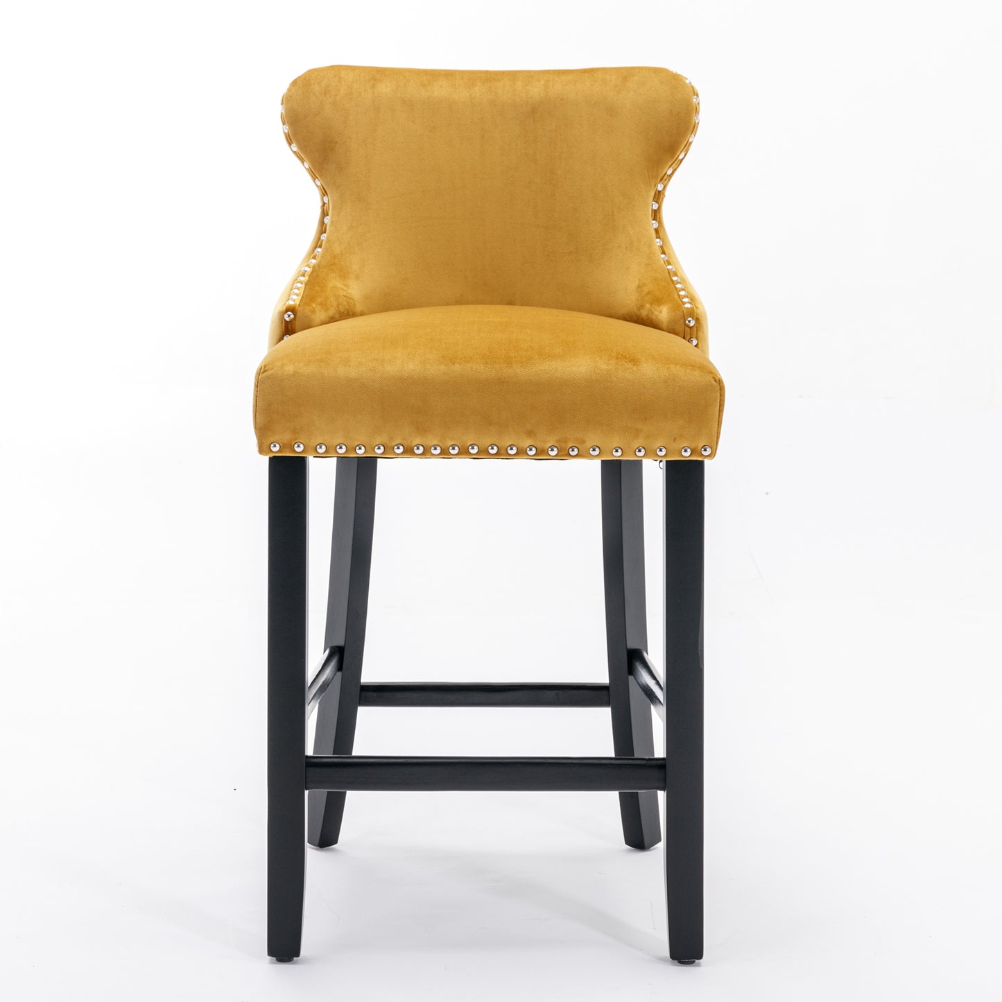 2pcs Chrome Accent Wingback Bar Stools Tufted Velvet with Nailhead and Black Legs- Gold, Black_2