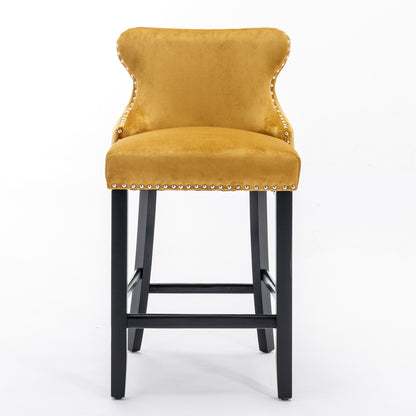 2pcs Chrome Accent Wingback Bar Stools Tufted Velvet with Nailhead and Black Legs- Gold, Black_2