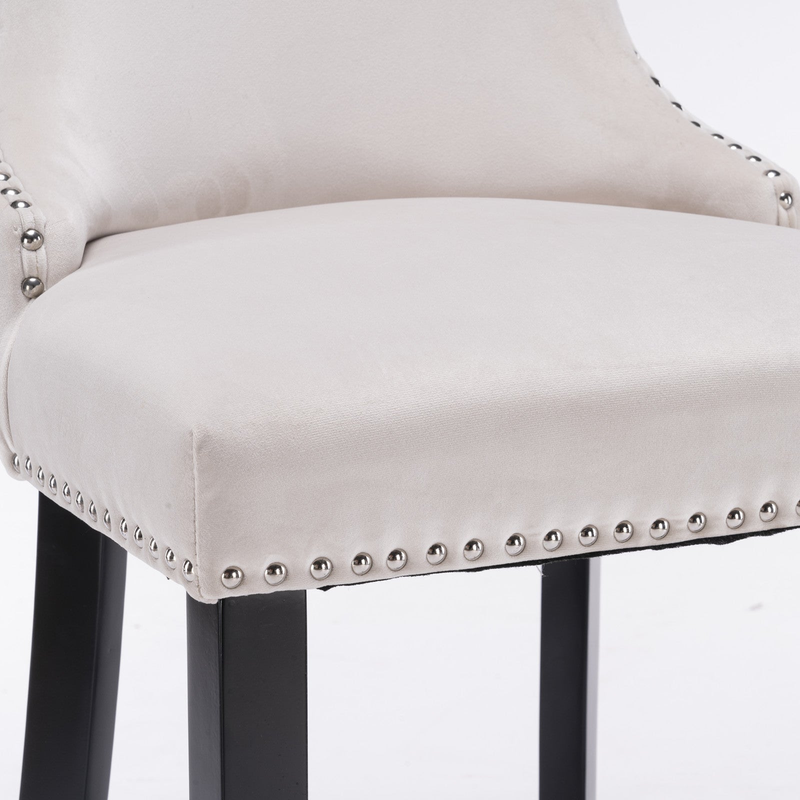 2pcs Chrome Accent Wingback Bar Stools Tufted Velvet with Nailhead and Black Legs- Beige, Black_9