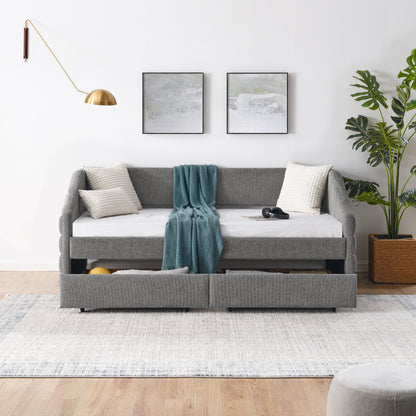Twin Size Daybed with Two Drawers Trundle Upholstered Tufted Sofa Bed- Grey_4