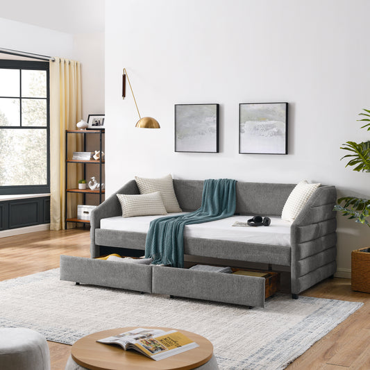 Twin Size Daybed with Two Drawers Trundle Upholstered Tufted Sofa Bed- Grey_0