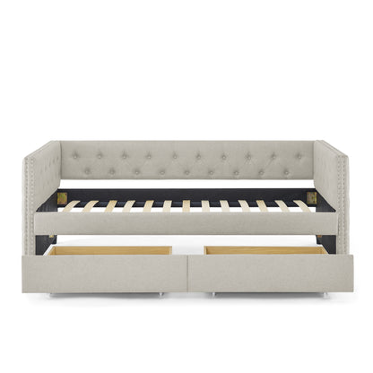 Two Drawers Upholstered Tufted Twin Size Daybed with Nail Heads- Beige_11