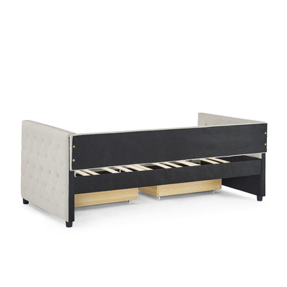 Two Drawers Upholstered Tufted Twin Size Daybed with Nail Heads- Beige_12
