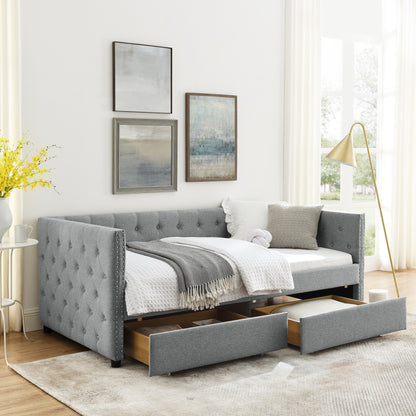 Two Drawers Upholstered Tufted Twin Size Daybed with Nail Heads- Grey_0