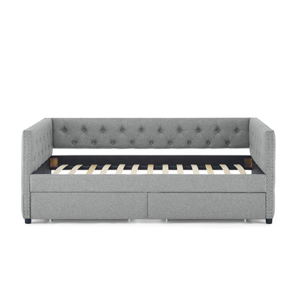 Two Drawers Upholstered Tufted Twin Size Daybed with Nail Heads- Grey_6
