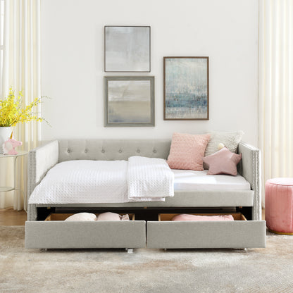 Two Drawers Upholstered Tufted Twin Size Daybed with Nail Heads- Beige_5