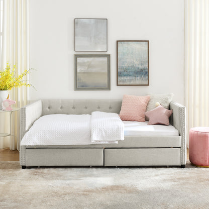 Two Drawers Upholstered Tufted Twin Size Daybed with Nail Heads- Beige_4