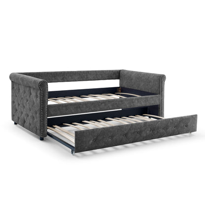 Elegant Full Size Linen Upholstered Daybed with Backrest and Armrests- Gray_4