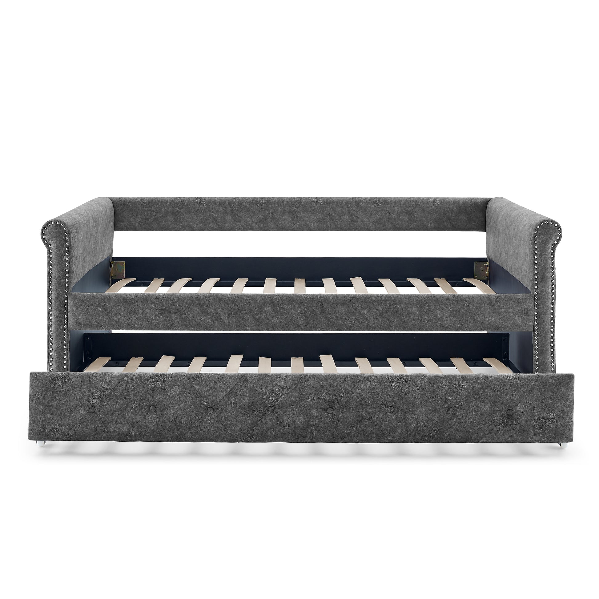 Elegant Full Size Linen Upholstered Daybed with Backrest and Armrests- Gray_2