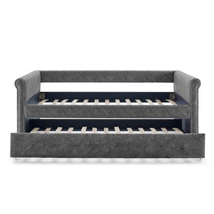 Elegant Full Size Linen Upholstered Daybed with Backrest and Armrests- Gray_2