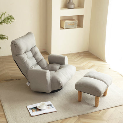 Swivel Indoor Recliner Floor Chair with Adjustable Headrest, Footstool, and Side Pockets- Gray_0