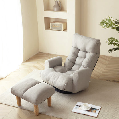 Swivel Indoor Recliner Floor Chair with Adjustable Headrest, Footstool, and Side Pockets- Gray_8