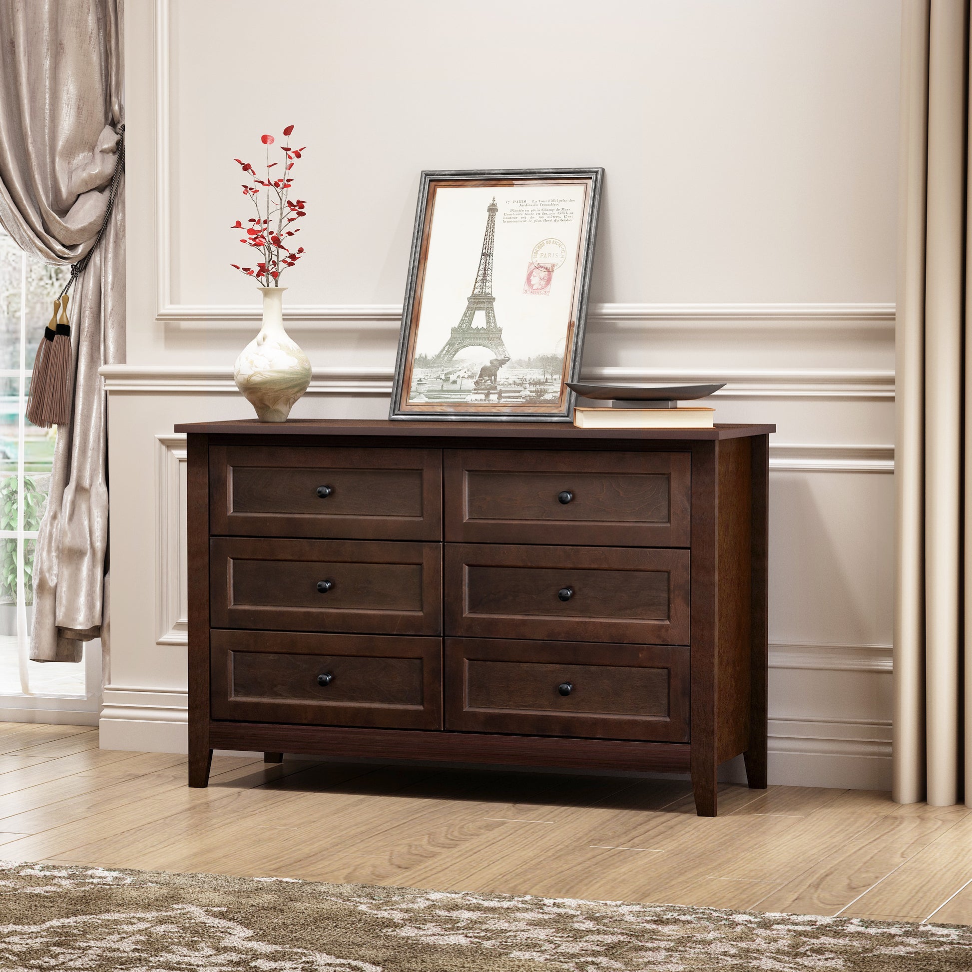 6 Drawers Wood Accent Stylish Dresser Chest and Storage Organizer in Auburn_3