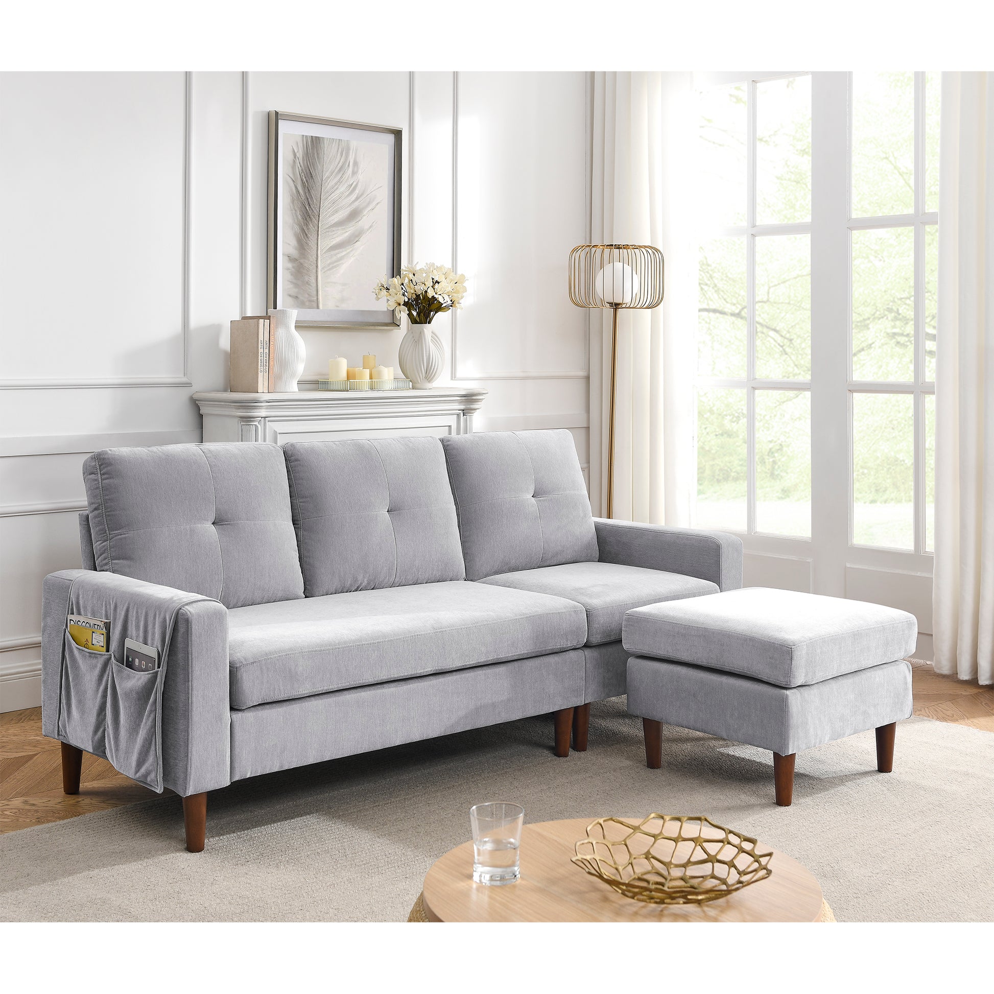 3 Seats L-shape Convertible Sectional Sofa with Removable Cushions and Pocket- Grey_1