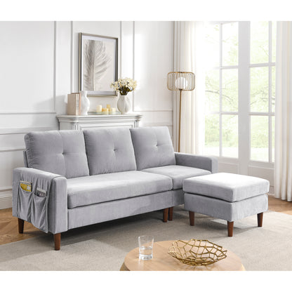 3 Seats L-shape Convertible Sectional Sofa with Removable Cushions and Pocket- Grey_1