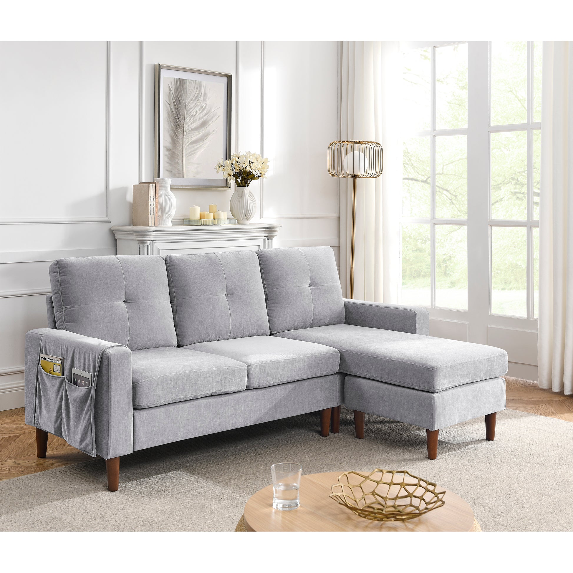 3 Seats L-shape Convertible Sectional Sofa with Removable Cushions and Pocket- Grey_4