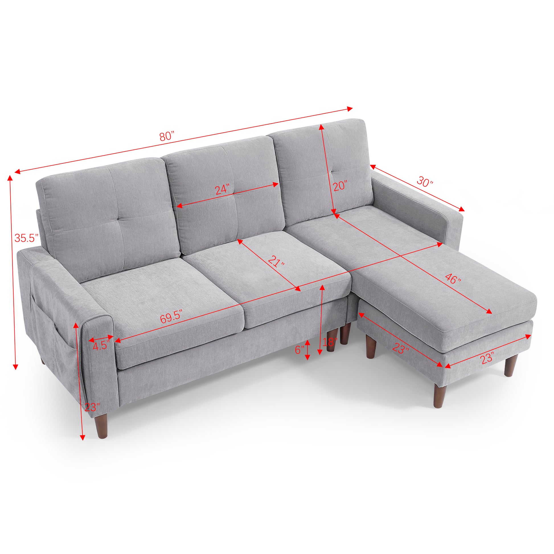 3 Seats L-shape Convertible Sectional Sofa with Removable Cushions and Pocket- Grey_17