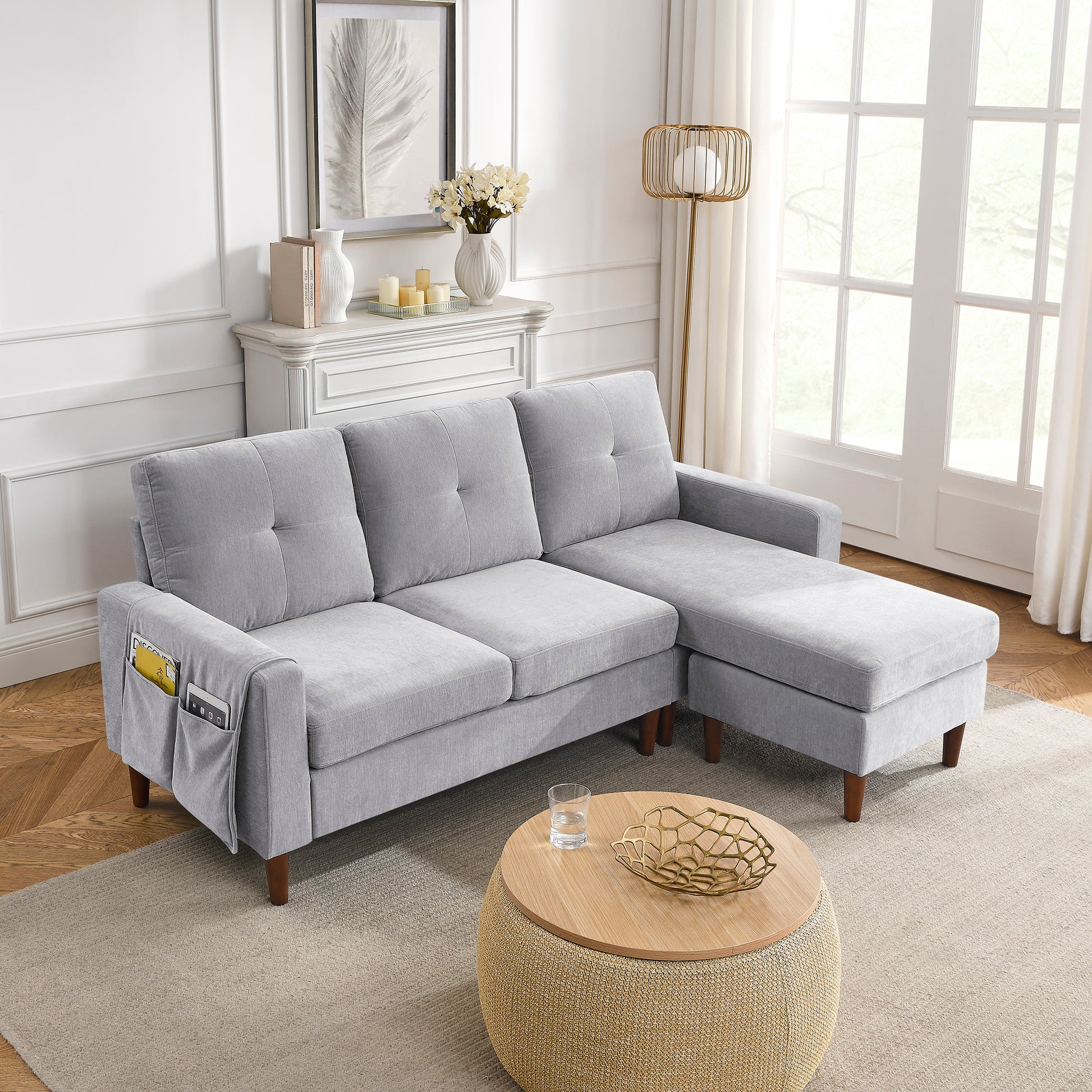 3 Seats L-shape Convertible Sectional Sofa with Removable Cushions and Pocket- Grey_3