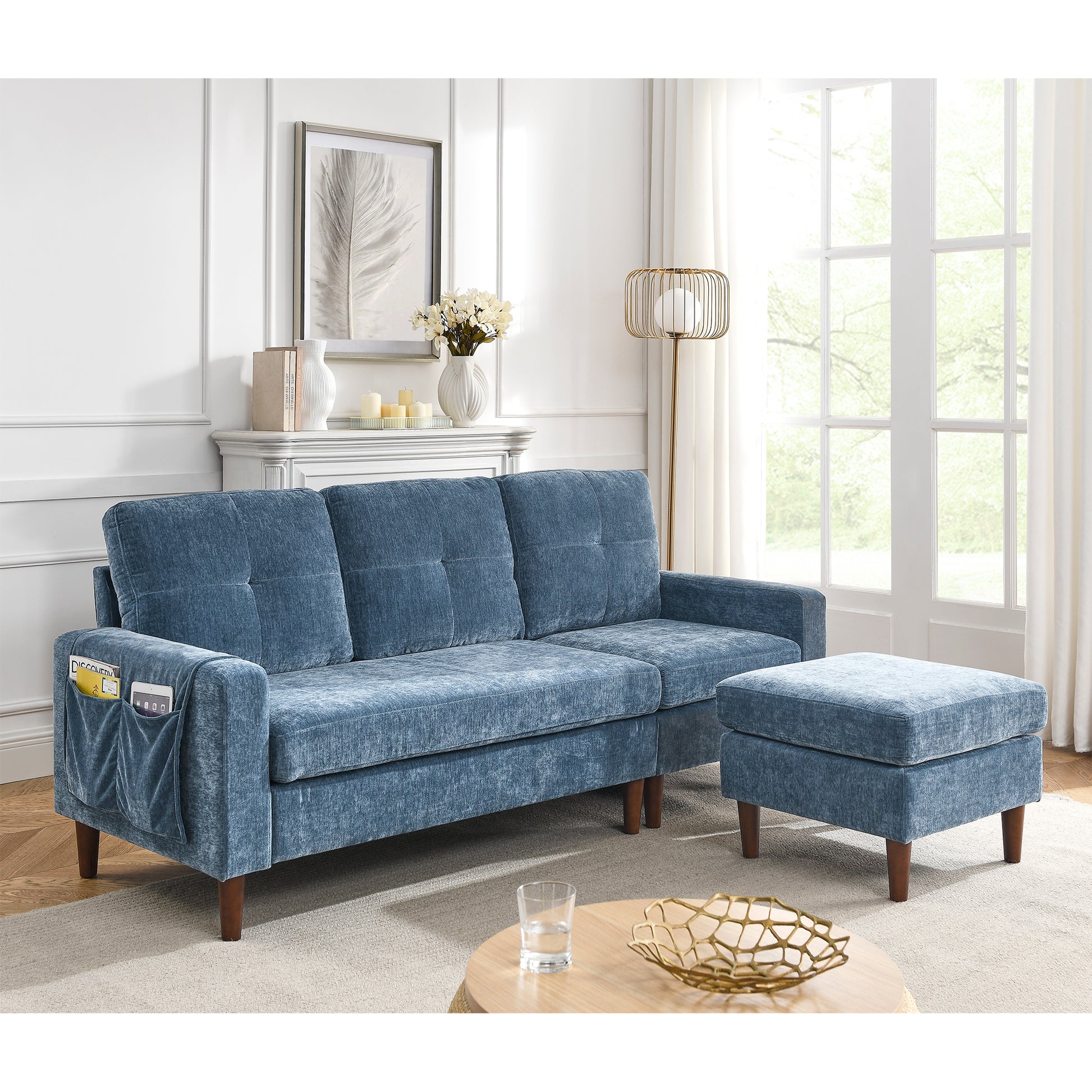 3 Seats L-shape Convertible Sectional Sofa with Removable Cushions and Pocket- Navy_3