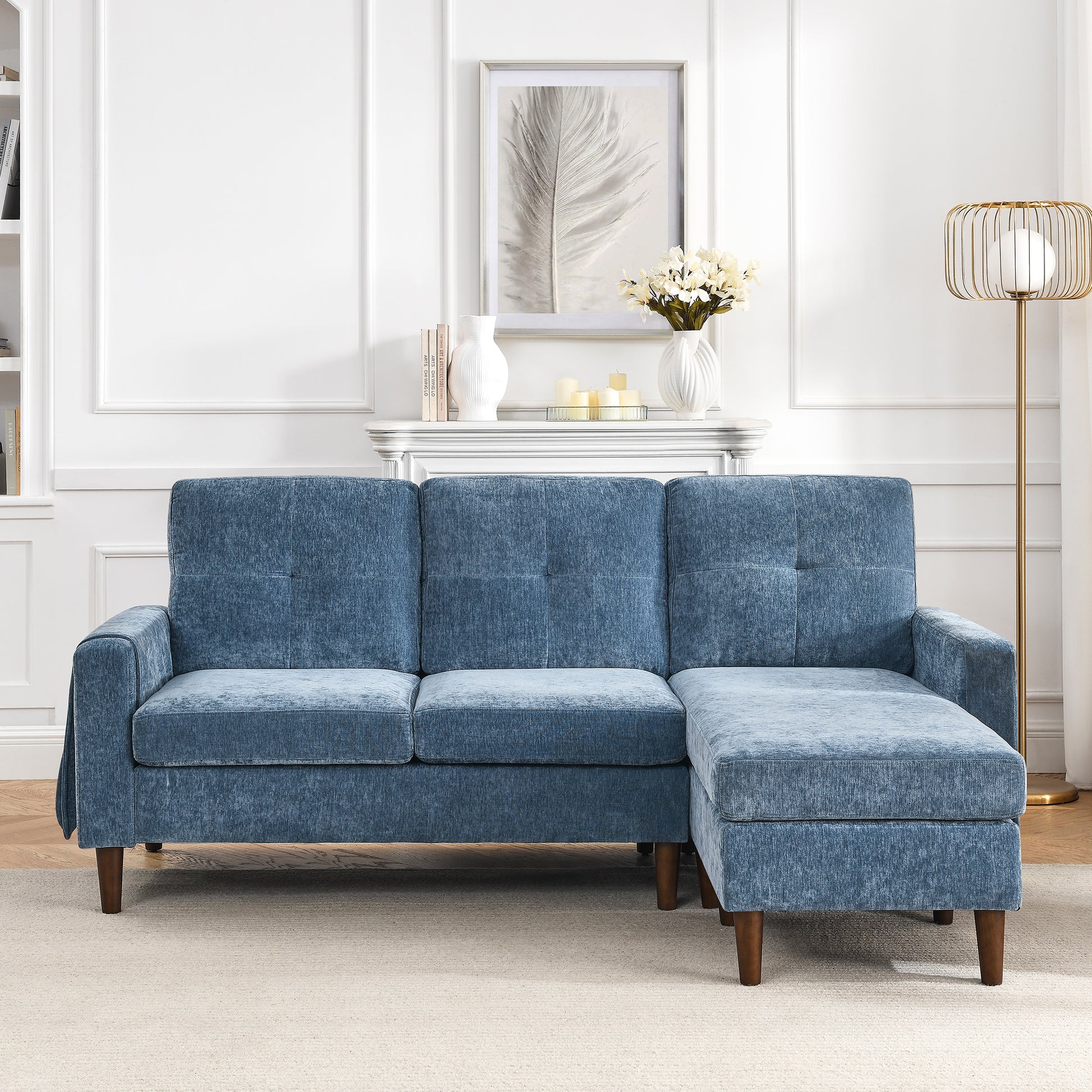 3 Seats L-shape Convertible Sectional Sofa with Removable Cushions and Pocket- Navy_4