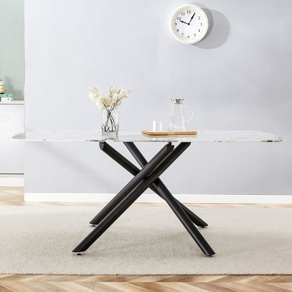 6-8 Seater Modern Kitchen Dining Table Rectangular Marble Glass Table Top with Metal Legs_3