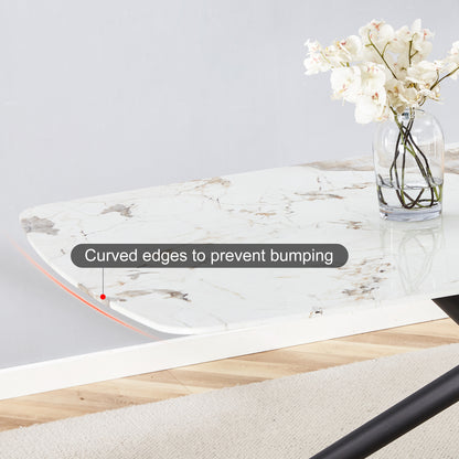 6-8 Seater Modern Kitchen Dining Table Rectangular Marble Glass Table Top with Metal Legs_23