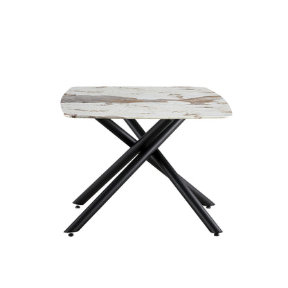 6-8 Seater Modern Kitchen Dining Table Rectangular Marble Glass Table Top with Metal Legs_8