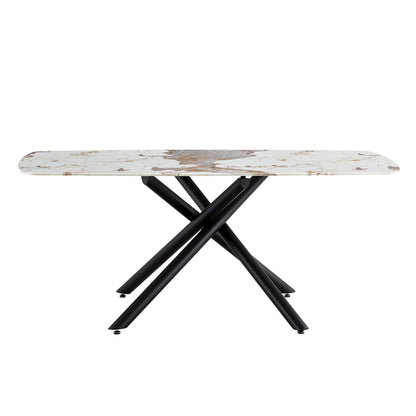 6-8 Seater Modern Kitchen Dining Table Rectangular Marble Glass Table Top with Metal Legs_9