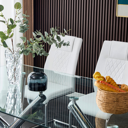 6-8 Seater Modern Kitchen Dining Table Rectangular Glass Table Top with Silver Metal Legs_22