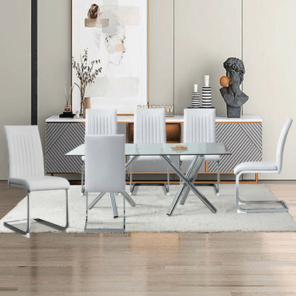 6-8 Seater Modern Kitchen Dining Table Rectangular Glass Table Top with Silver Metal Legs_7