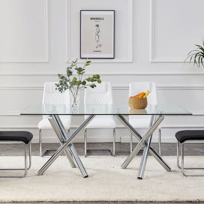 6-8 Seater Modern Kitchen Dining Table Rectangular Glass Table Top with Silver Metal Legs_23
