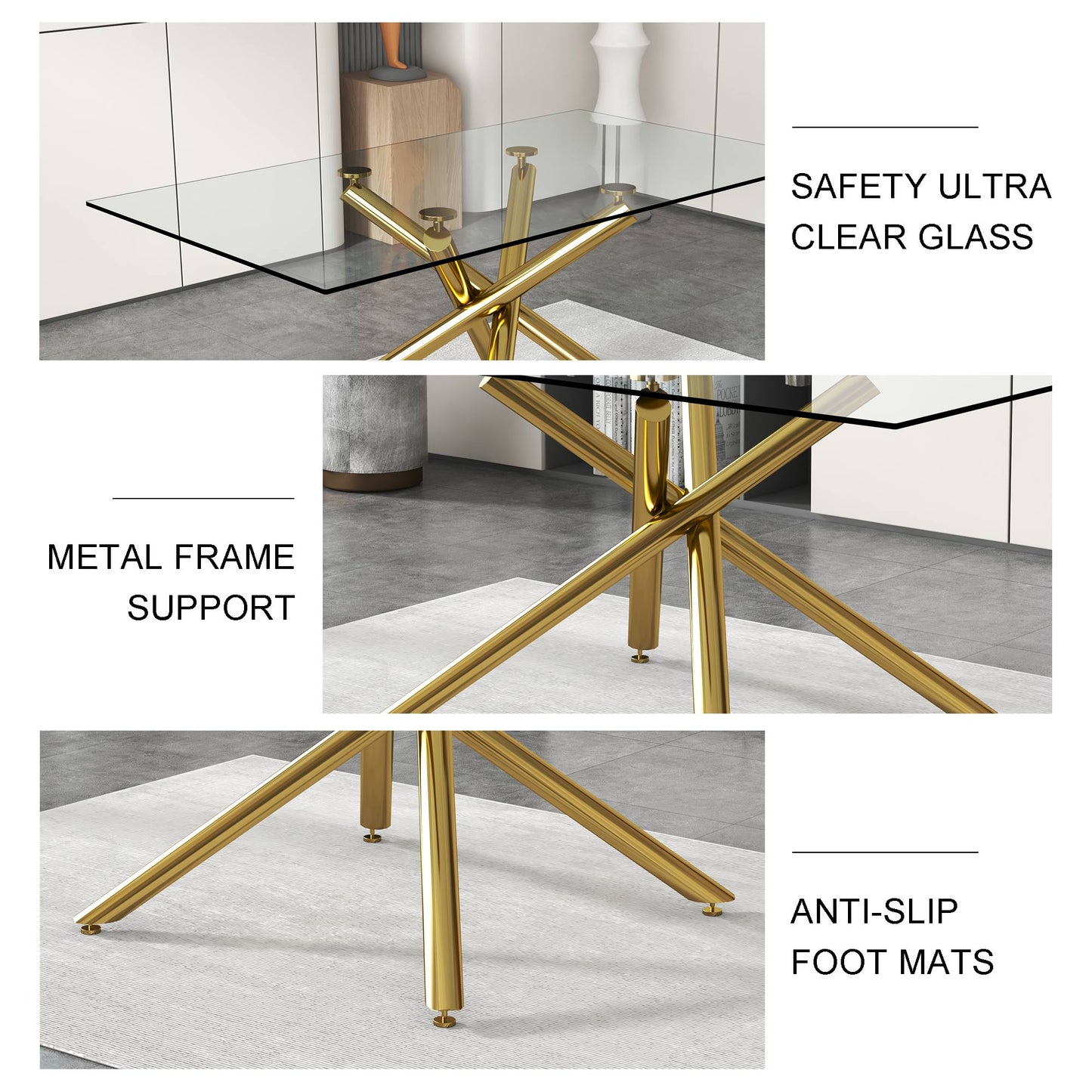6-8 Seater Modern Rectangular Tempered Glass Table Top with Golden Plated Single Legs_13