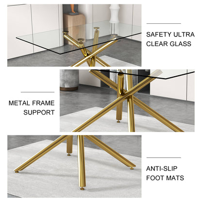 6-8 Seater Modern Rectangular Tempered Glass Table Top with Golden Plated Single Legs_13