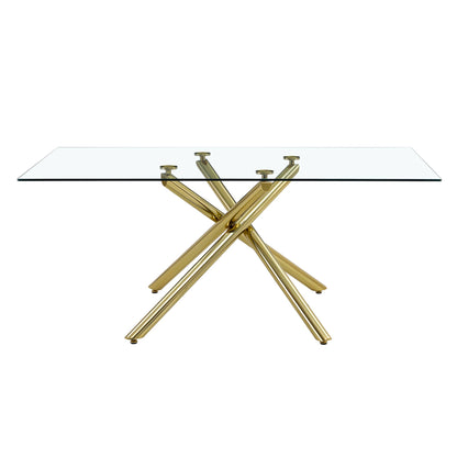 6-8 Seater Modern Rectangular Tempered Glass Table Top with Golden Plated Single Legs_10
