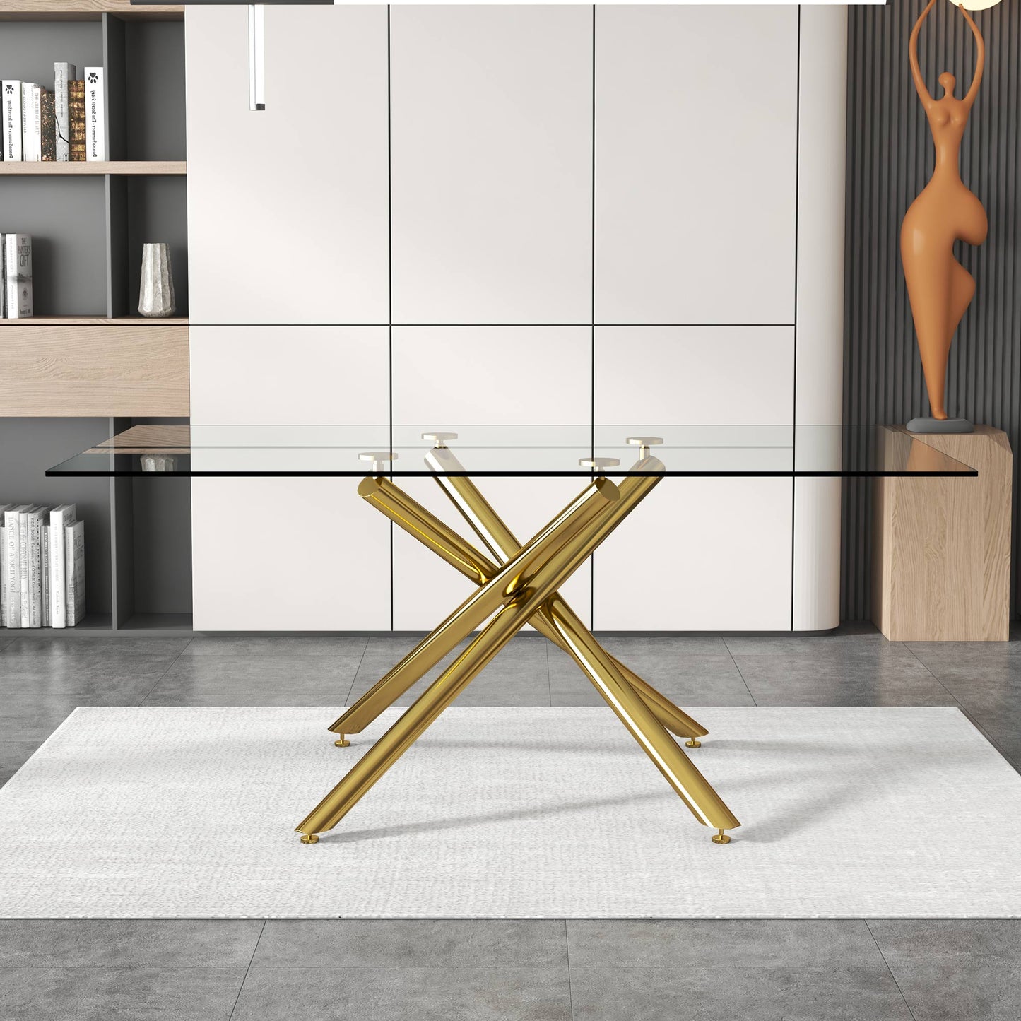 6-8 Seater Modern Rectangular Tempered Glass Table Top with Golden Plated Single Legs_2