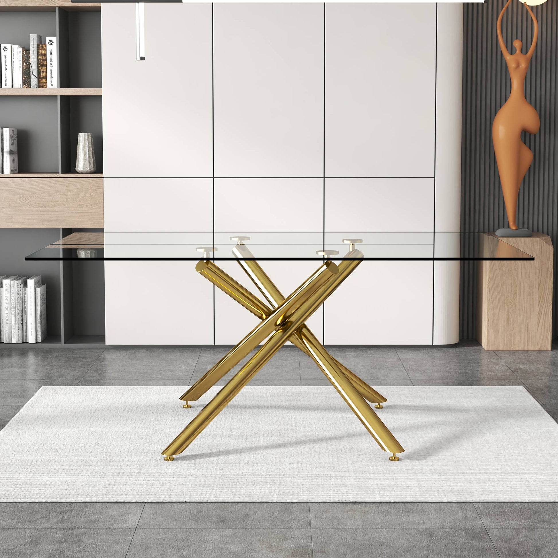 6-8 Seater Modern Rectangular Tempered Glass Table Top with Golden Plated Single Legs_2