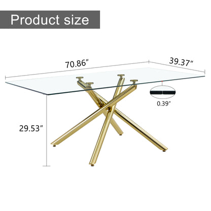 6-8 Seater Modern Rectangular Tempered Glass Table Top with Golden Plated Single Legs_14