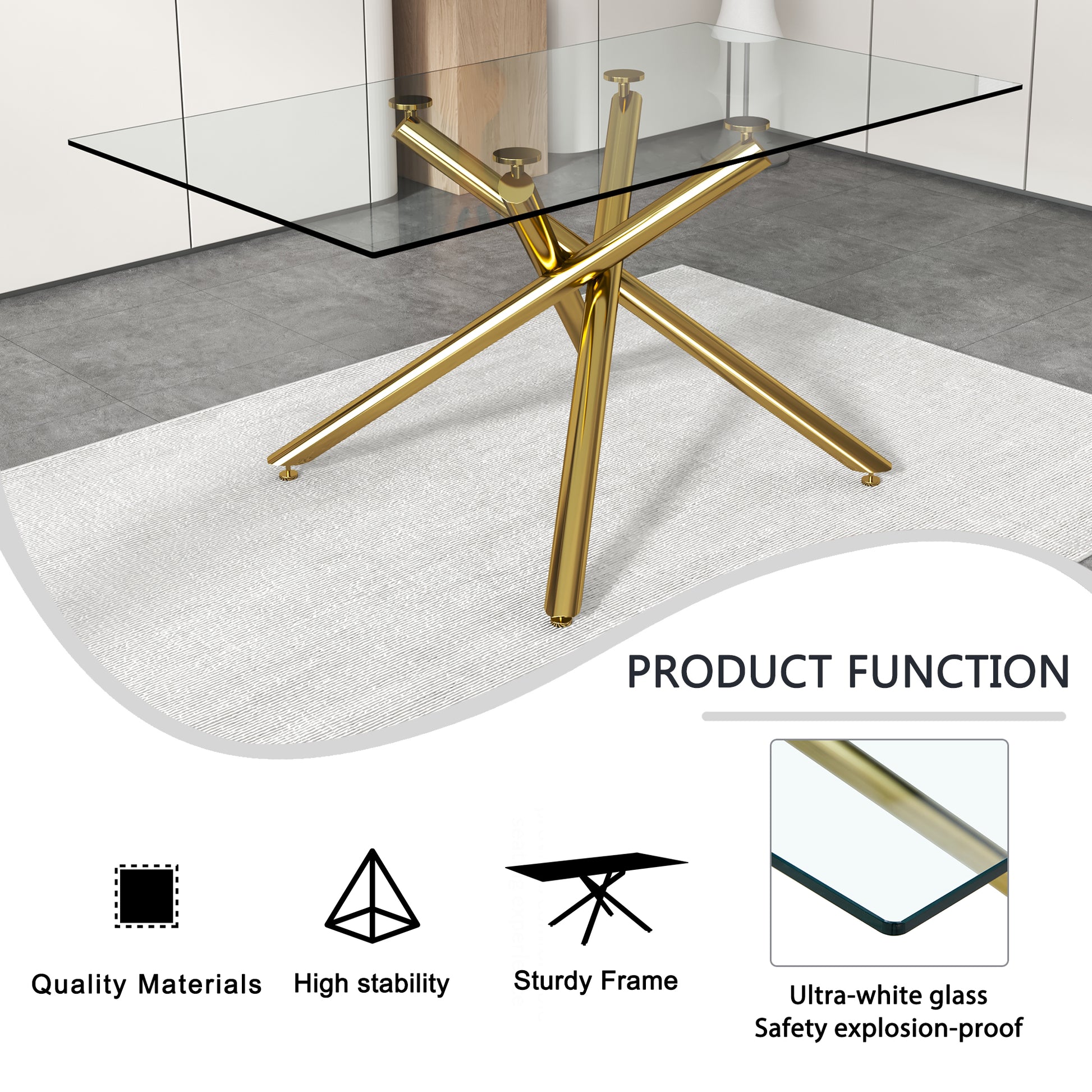 6-8 Seater Modern Rectangular Tempered Glass Table Top with Golden Plated Single Legs_12
