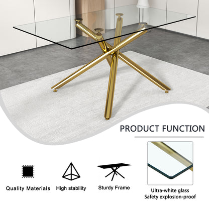6-8 Seater Modern Rectangular Tempered Glass Table Top with Golden Plated Single Legs_12
