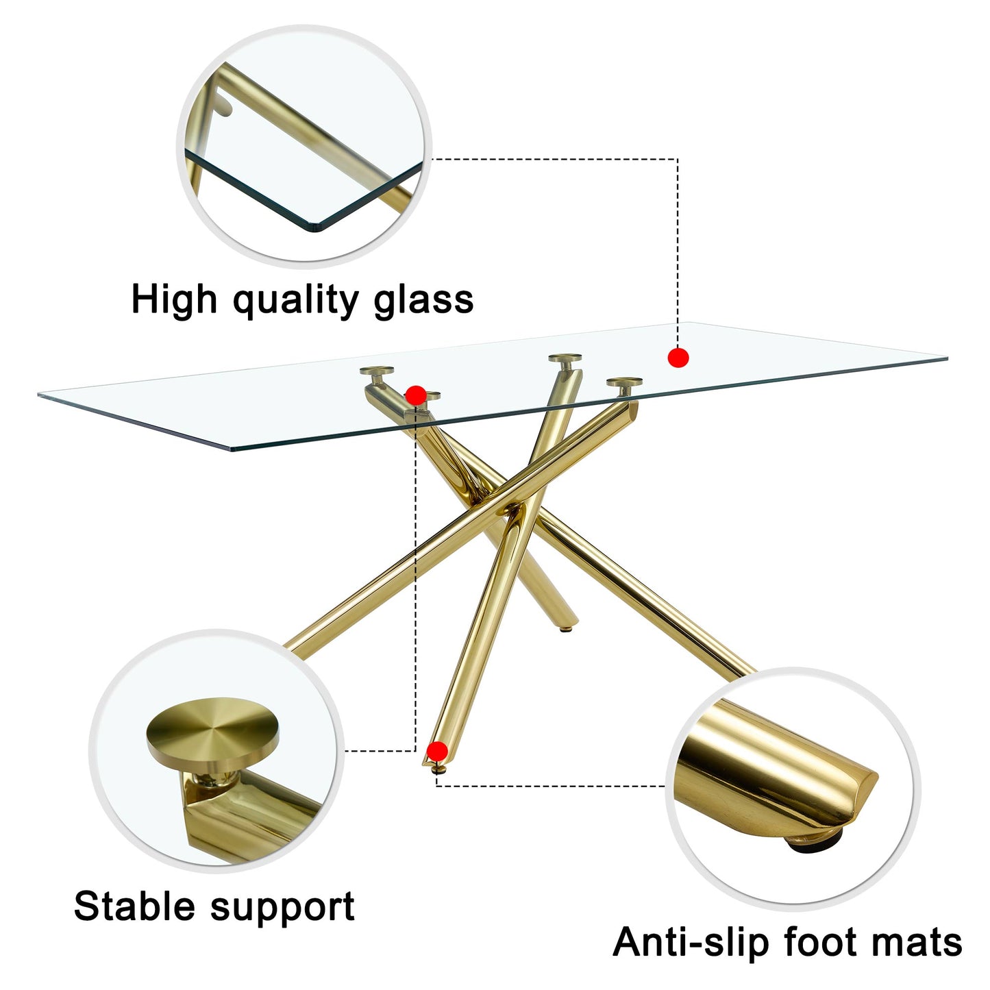 6-8 Seater Modern Rectangular Tempered Glass Table Top with Golden Plated Single Legs_11