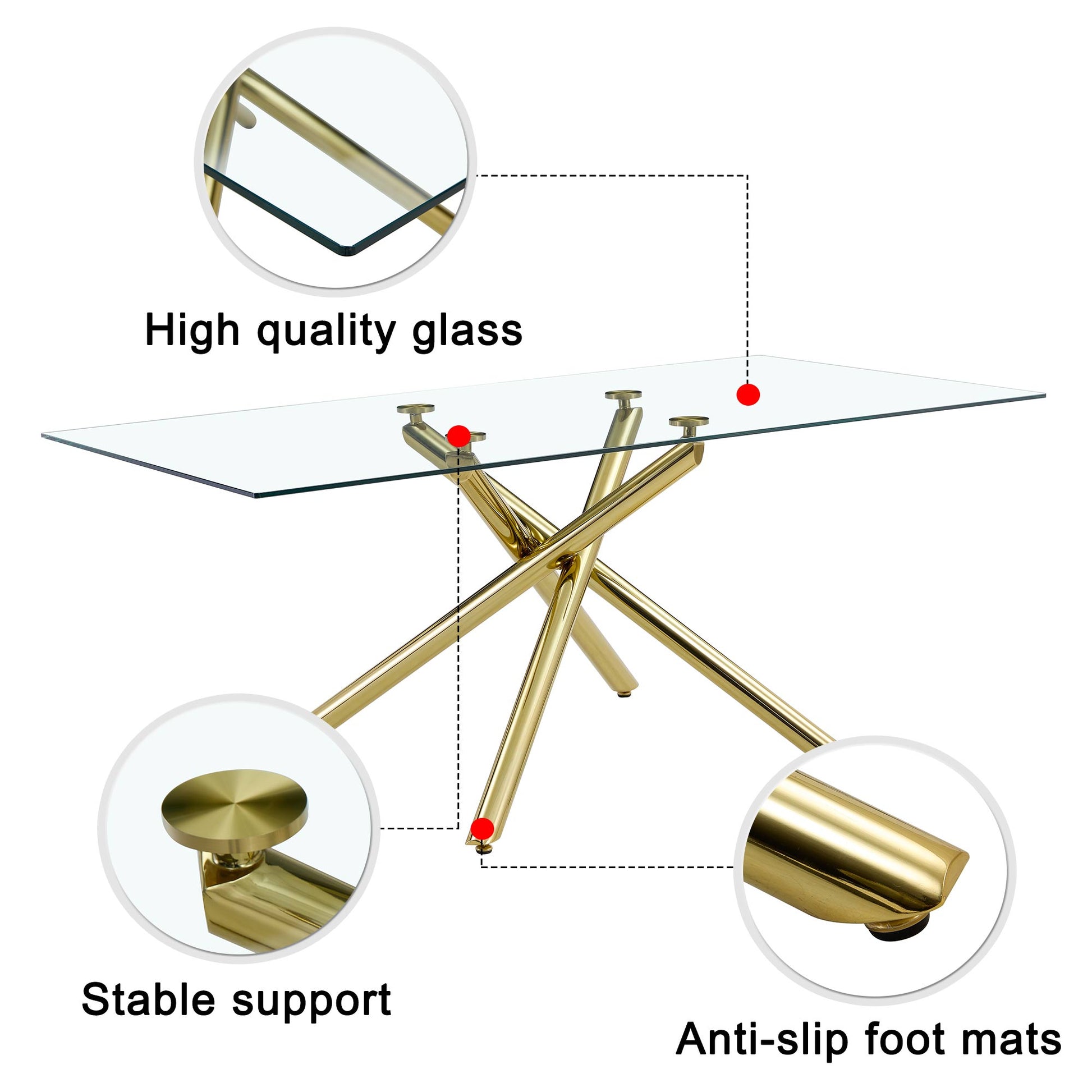 6-8 Seater Modern Rectangular Tempered Glass Table Top with Golden Plated Single Legs_11
