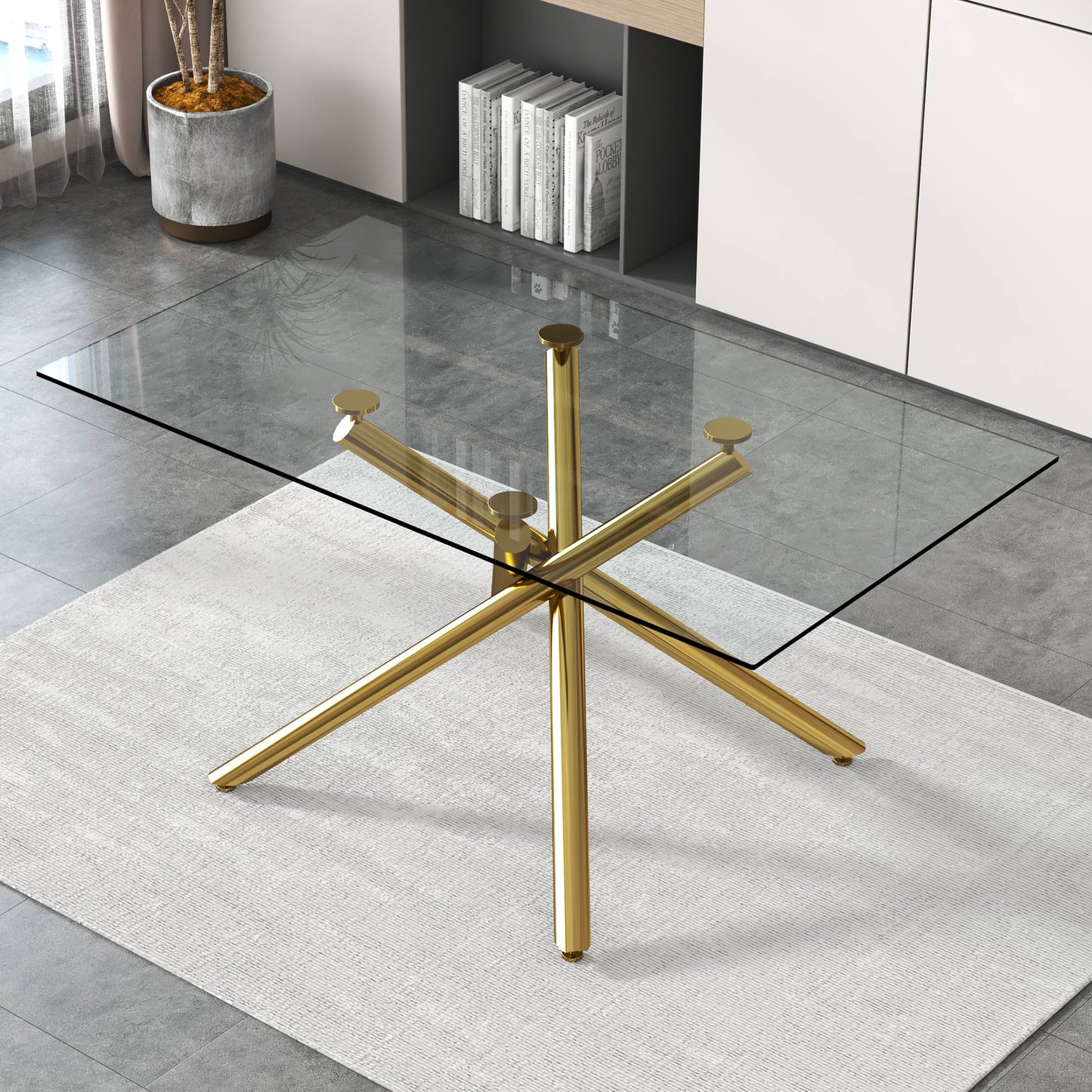6-8 Seater Modern Rectangular Tempered Glass Table Top with Golden Plated Single Legs_5