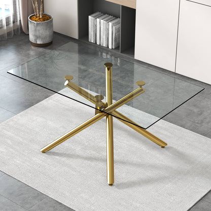 6-8 Seater Modern Rectangular Tempered Glass Table Top with Golden Plated Single Legs_5
