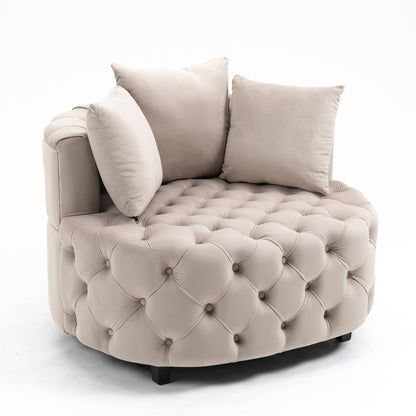Tufted Upholstered Classical Living Room Barrel Accent Chair with Pillows- Khaki_3