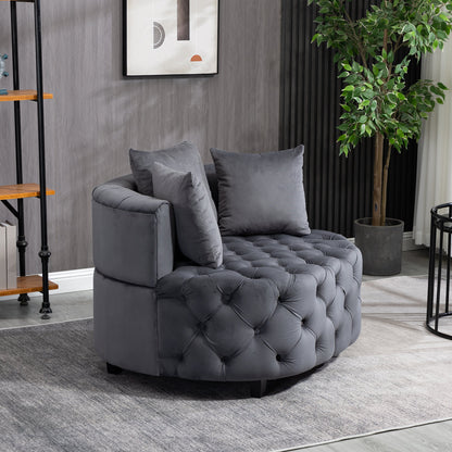 Tufted Upholstered Classical Living Room Barrel Accent Chair with Pillows- Grey_9