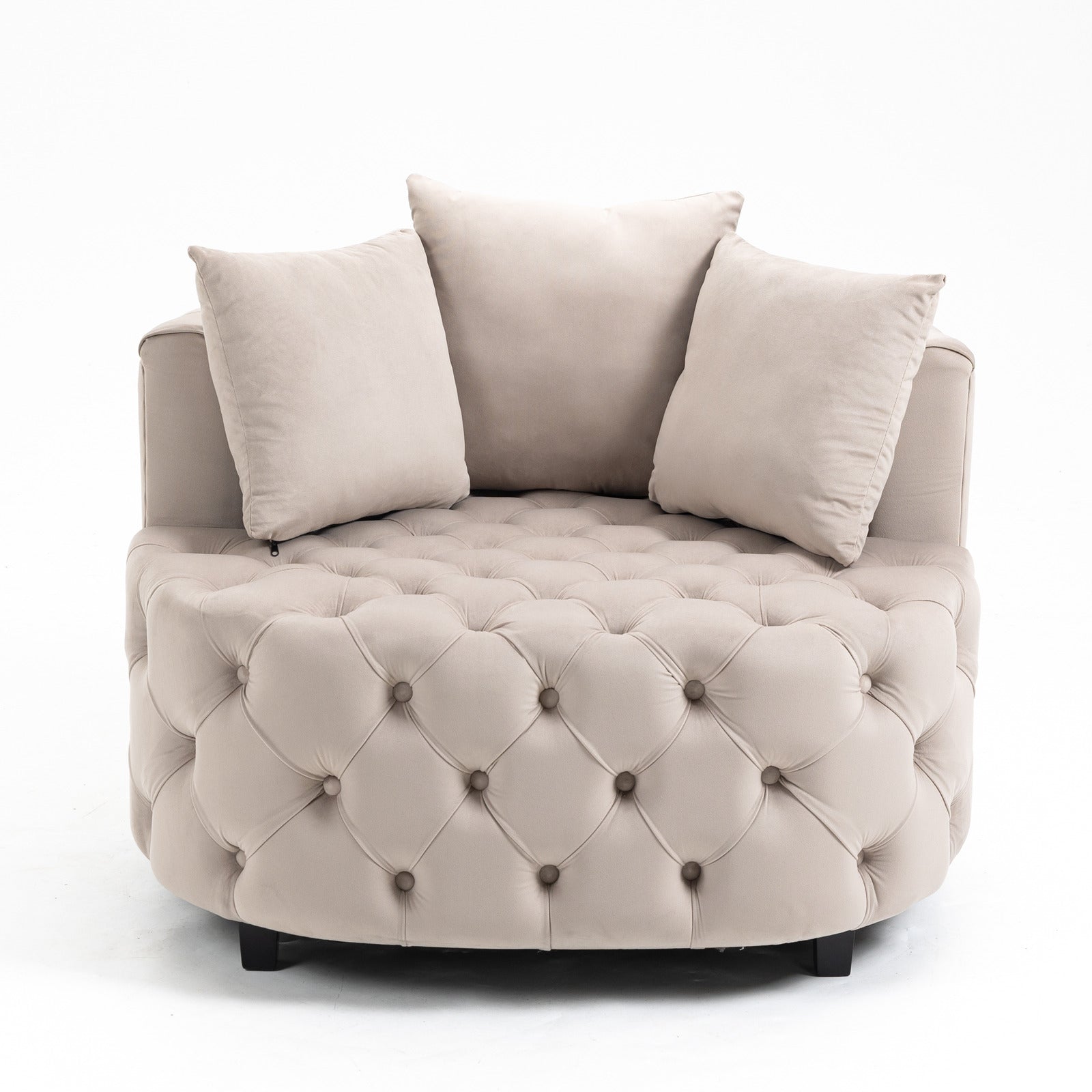 Tufted Upholstered Classical Living Room Barrel Accent Chair with Pillows- Khaki_2