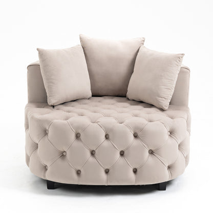Tufted Upholstered Classical Living Room Barrel Accent Chair with Pillows- Khaki_2